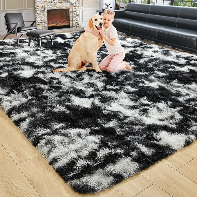 2x3 Tie-Dyed Black and White Fluffy Area Rug Non-Slip - Image 8