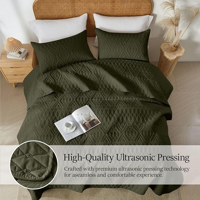 akkialla Full/Queen Size Quilt Bedding Set, Olive Green Lightweight Microfiber - Image 5