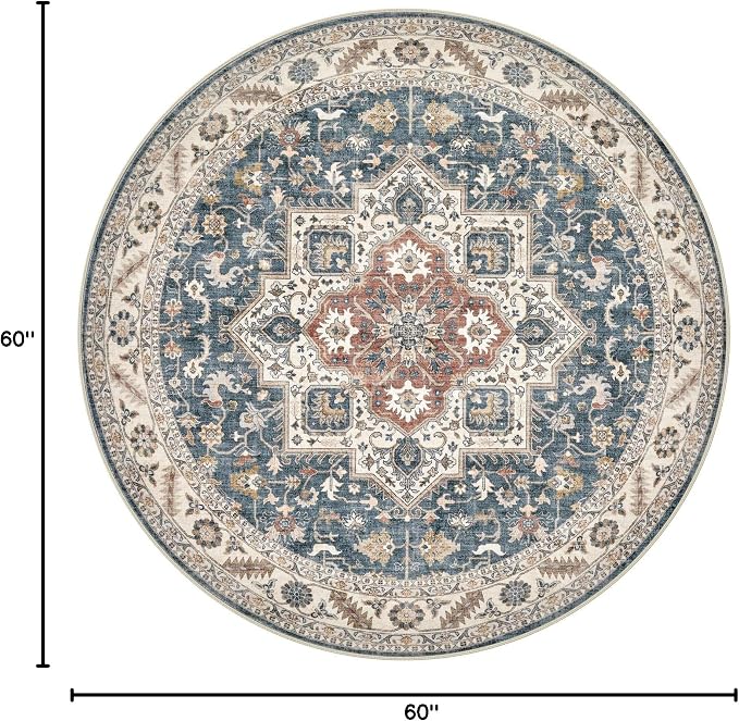 cotiled 5ft Round Living Room Area Rug, Traditional, Vintage Blue | Soft - Image 2