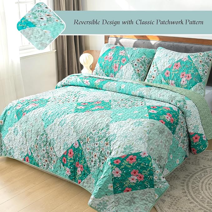 Whale Flotilla Patchwork Quilts Twin Size, Extra Soft Floral Bedspreads | Green - Image 2