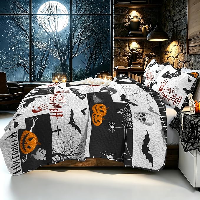 WONGS BEDDING Halloween Quilts King Size, King 110"x90", Reversible Grid Design - Image 8