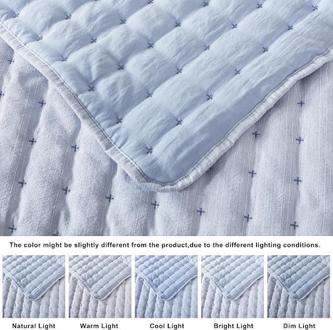 WDCOZY Blue Cloud Quilt Set King Size, Lightweight Soft Cross Stitch Bedspread - Image 5