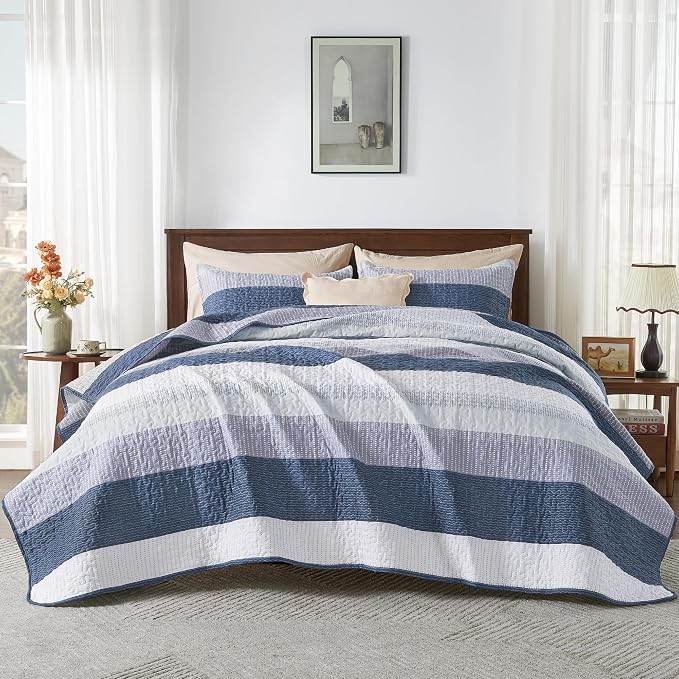 Queen Quilt Bedding Set Mineral Blue, 3 Pieces Striped Bedspreads | Patchwork - Image 7