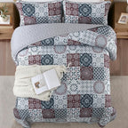 Dobuyly Patchwork Quilt Set Queen Size Boho Plaid Bedspread Red Grey Quilt - Image 3