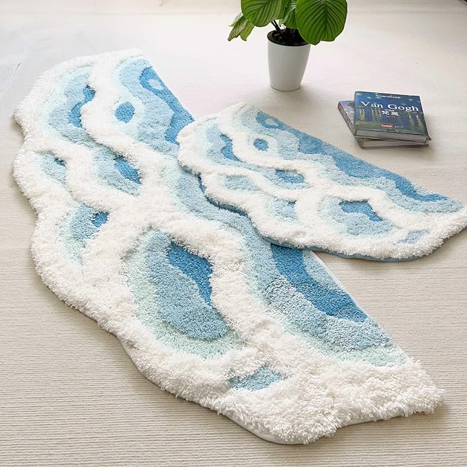 Soft Shag 3D Stereo Wave Moss Bedside Rug 20"×36" Cute Navy Blue Runner Rug Non - Image 4