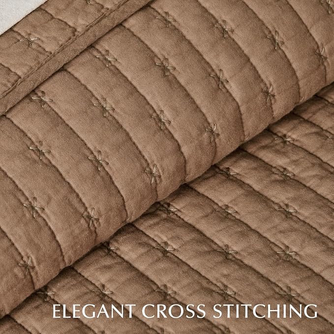 100% Cotton Cross Stitch 3-Piece Quilt Set, Camel Brown | 100% Cotton, Elegant - Image 3