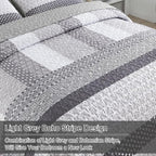 WONGS BEDDING Grey Queen Size Quilt Set, Boho Striped Patchwork Bedspread | 3 - Image 6