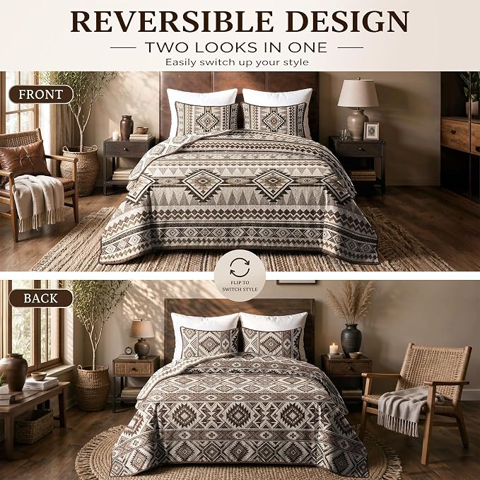 akkialla Reversible Brown Boho King/Cal King Quilt Set, 2-Piece Bohemian Aztec - Image 3
