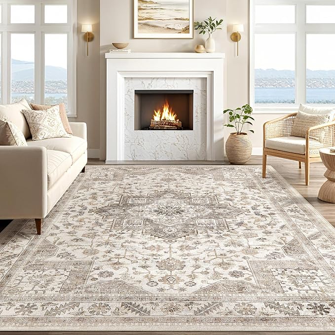 cotiled 9x13 Area Rug for Living Room, Traditional, Light Brown | Soft - Image 5
