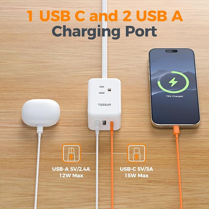 TESSAN Small Flat Plug Power Strip, Ultra Thin Extension Cord 5 ft, Wall Outlet - Image 4