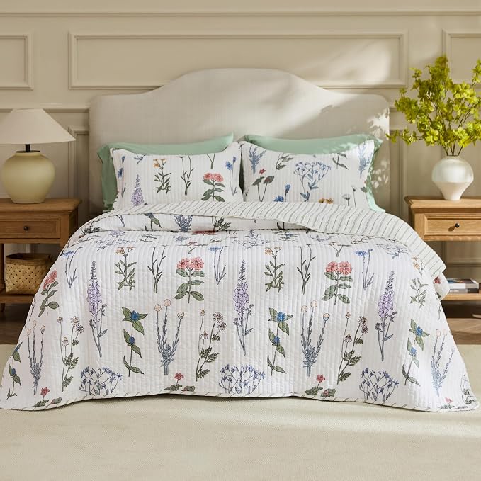 Bedsure Floral Quilts Queen Size, Reversible White Floral Comforter Bedding | - Image 2