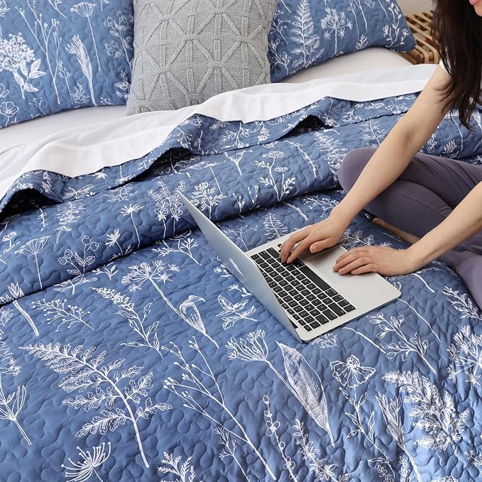 JANZAA Quilt King Size, Infinity Blue Bedspread Floral Bedding Set 3 Pieces | - Image 9