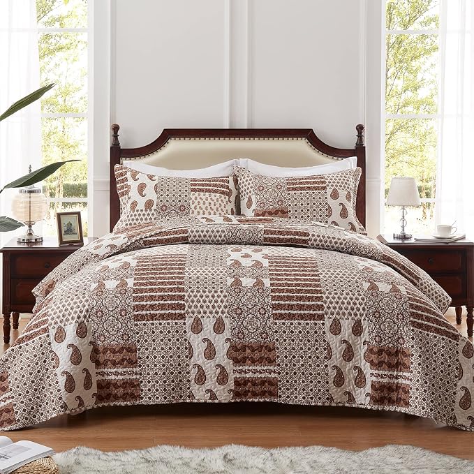 Quilt Set - Full/Queen Size Brown Paisley Patchwork 3 Piece Bedding Set - Image 2
