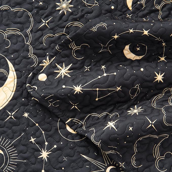 EXQ Home Quilt Set Full Queen Size Black Print Black Sun Starry Pattern | - Image 4