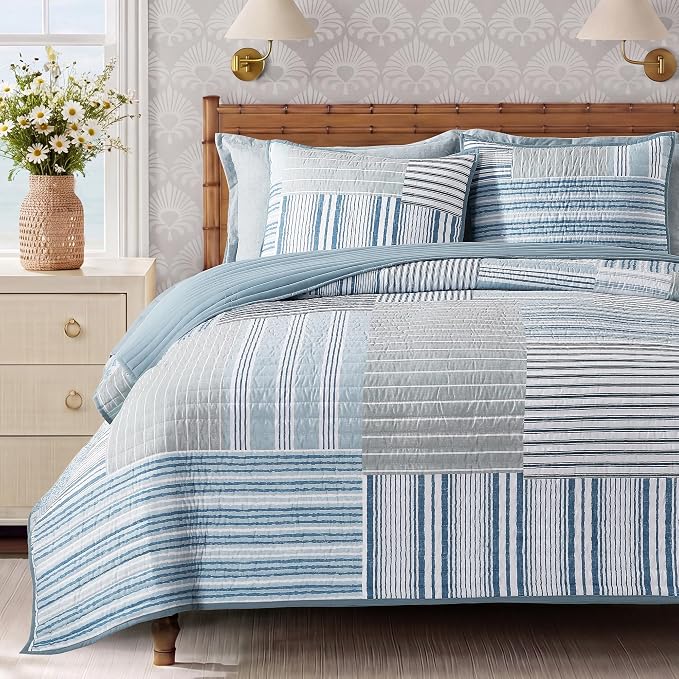 Queen Quilt Set-3 Pieces Soft Bedding Lightweight Floral Patchwork Coverlet | by BLOOMHAVEN