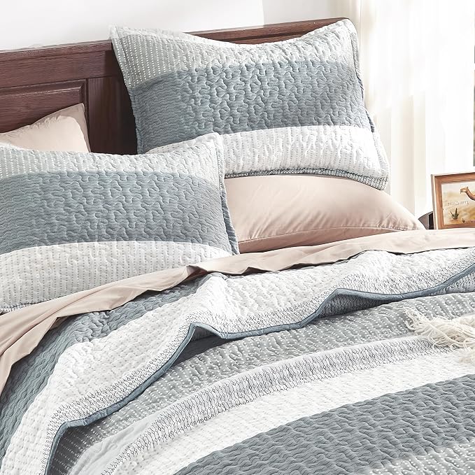 Queen Quilt Set Grey, 3 Pieces Striped Bedspread | Ultra Soft Summer - Image 5