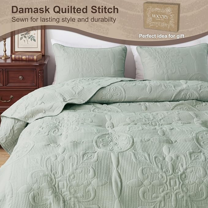 Sage Green Damask Quilt California Cal King Size Bedding Sets - Image 4