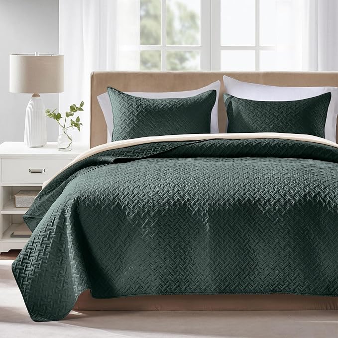 FLYMME Twin Quilt Set, Lightweight Forest Green Bedspreads, Basket Weave Pattern by FLYMME
