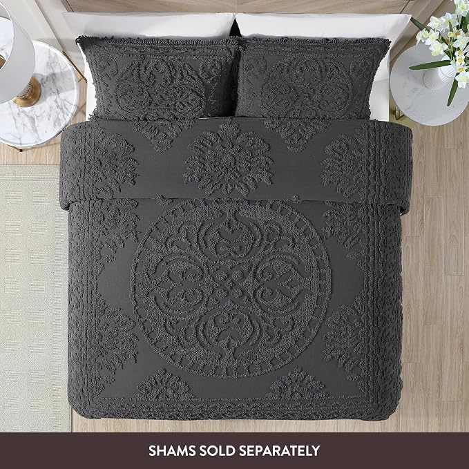 Beatrice Home Fashions Medallion Full Cotton Chenille Bedspread, Charcoal | - Image 5