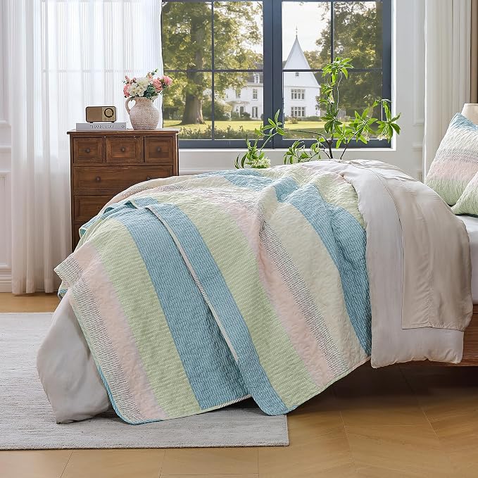 King Size Quilt Set Blue Pink - Image 2