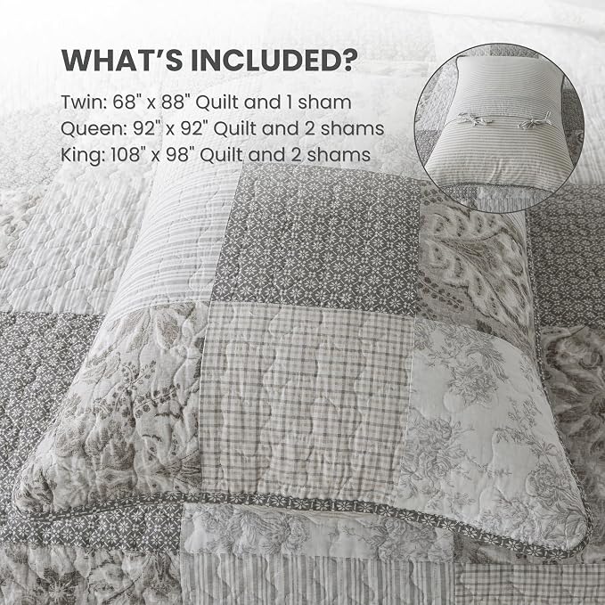SLPR - Silver Linings Patchwork Gray Cotton Quilt Set, King - Image 6