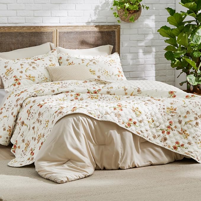Bedsure Fall Quilts Queen Size, Reversible Botanical Floral Comforter Beige | - Image 6