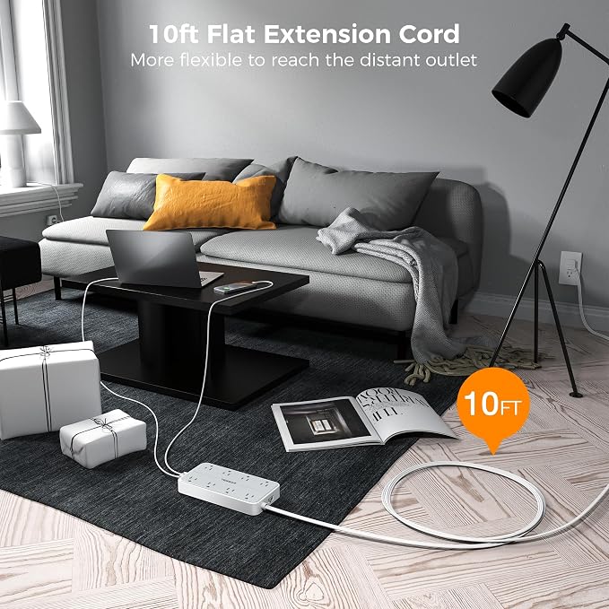 TESSAN Power Strip Surge Protector, 10FT Flat Plug Extension Cord | 8 Outlets 3 - Image 2