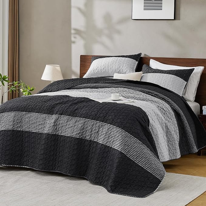 Oversized Queen Quilt Set, 3 Pieces Black White Stripe Coverlet | 98 x 98 Inch - Image 8