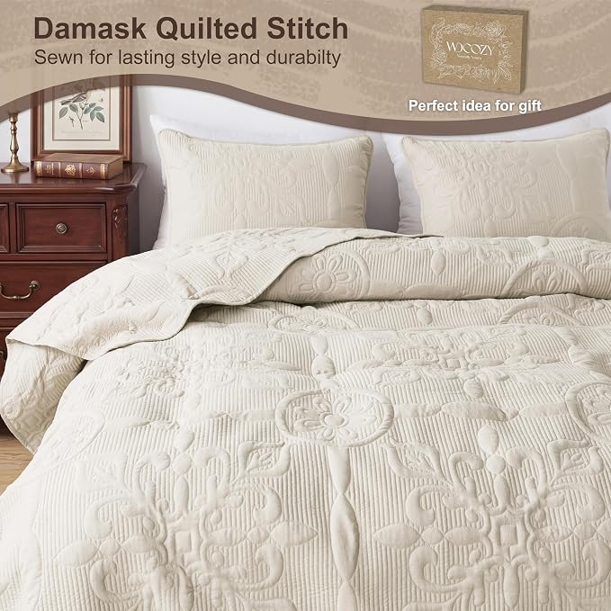 Light Beige Damask Quilt King Size Bedding Sets - Image 4
