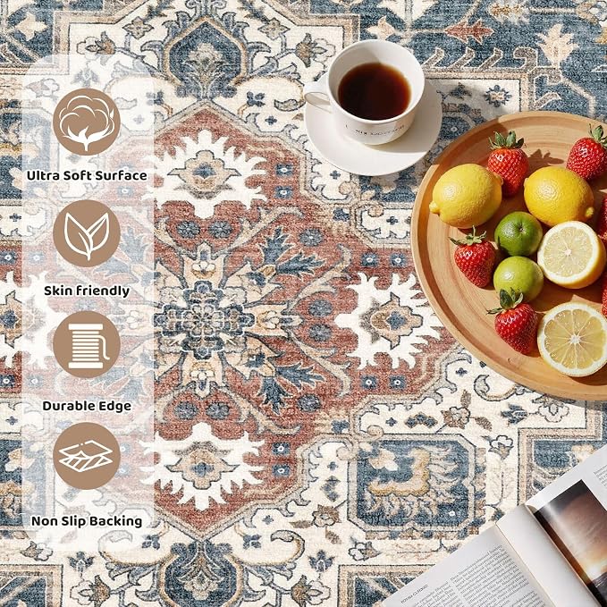 cotiled 5ft Round Living Room Area Rug, Traditional, Vintage Blue | Soft - Image 3