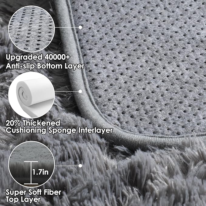 2x6 Grey Runner Rugs for Bedroom Living Room, Fluffy Bedside Hallway Throw Area - Image 4
