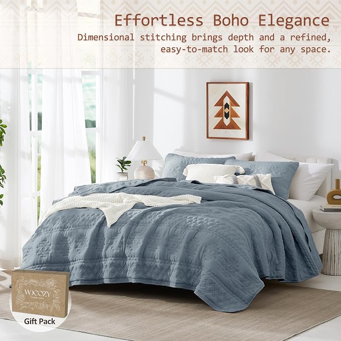WDCOZY Boho Blue Grey Oversized California Cal King Size Quilt Bedding Sets - Image 2