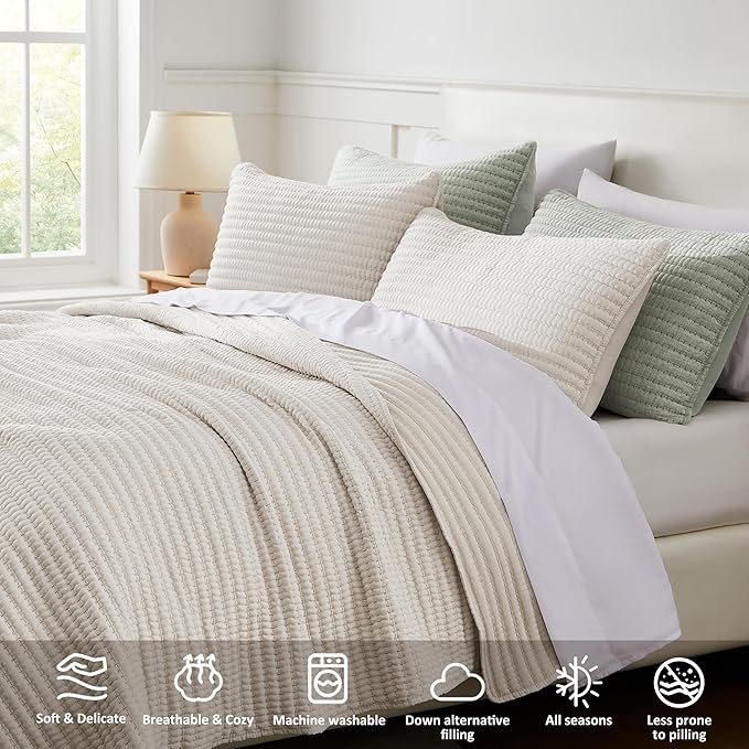 WDCOZY Beige Pick Stitch Twin Size Quilt Set, Striped Lightweight Soft Summer - Image 3