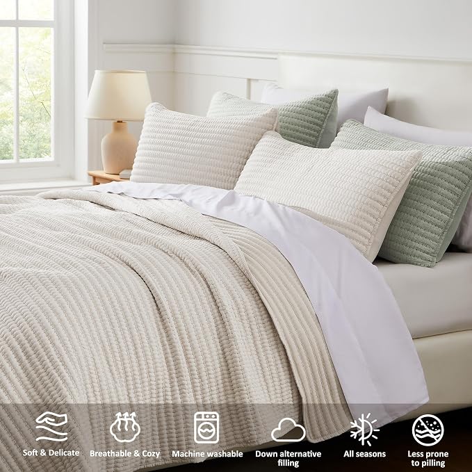 Beige Pick Stitch Oversized King Size Quilt Set, California King Striped - Image 3