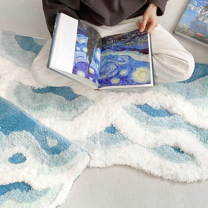 Soft Shag 3D Stereo Wave Moss Bedside Rug 20"×36" Cute Navy Blue Runner Rug Non - Image 3
