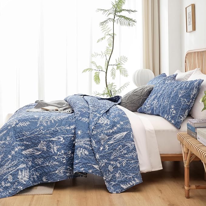 JANZAA Quilt King Size, Infinity Blue Bedspread Floral Bedding Set 3 Pieces | - Image 6