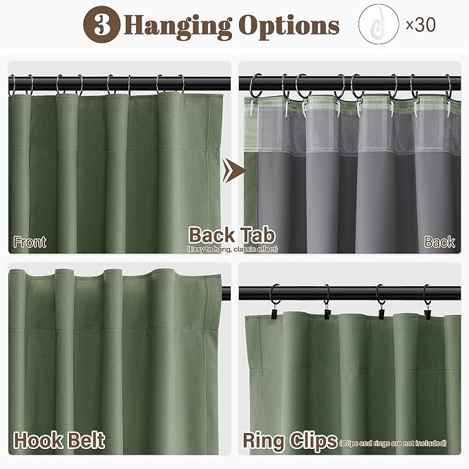 Olive Green Linen 100% Blackout Curtains 72 Inches Long Back Tab Funky Textured - Image 3