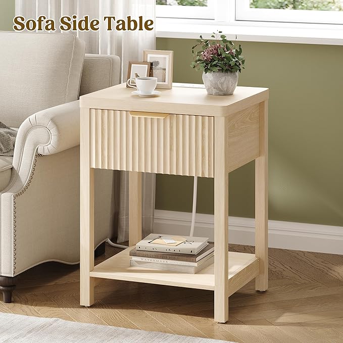 Night Stand Set 1, Fluted Wood Bedside Table w/Socket Station - Image 2