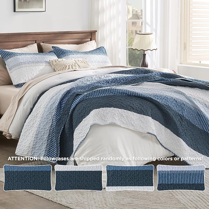 Queen Quilt Set Navy Blue, 3 Pieces Striped Bedspread | Ultra Soft Summer - Image 8