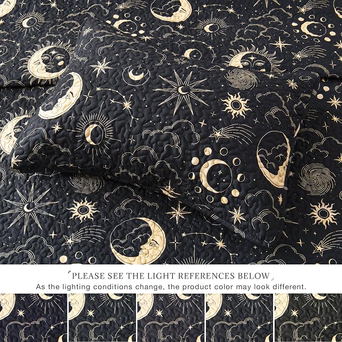 EXQ Home Quilt Set Twin Size Black Print Black Sun Starry Pattern | Soft - Image 7