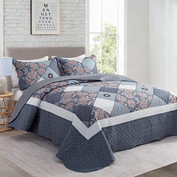 3-Piece King Bedspread Quilt Set Lightweight Coverlet Set Garden Style Floral - Image 2