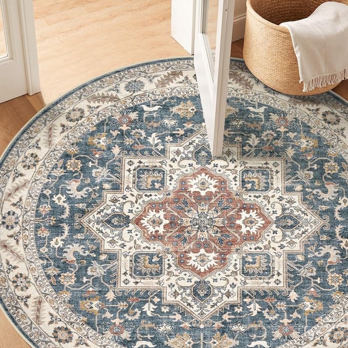 cotiled 5ft Round Living Room Area Rug, Traditional, Vintage Blue | Soft - Image 8