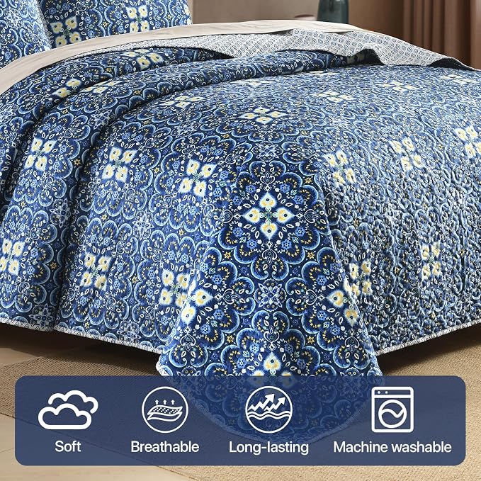Reversible Quilt Set Queen Size, Boho Floral Patchwork Bedspread Coverlet Set - Image 4