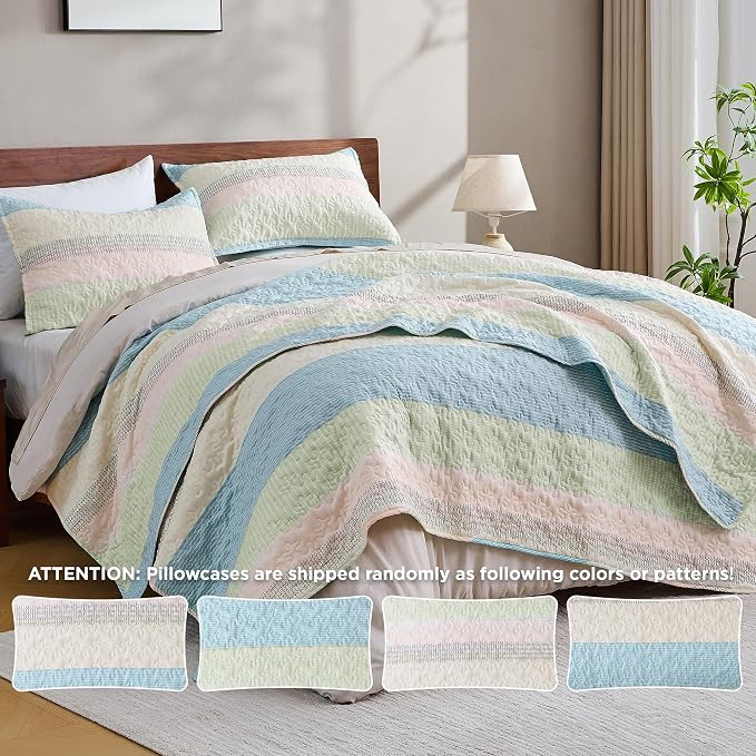 King Size Quilt Set Blue Pink - Image 3