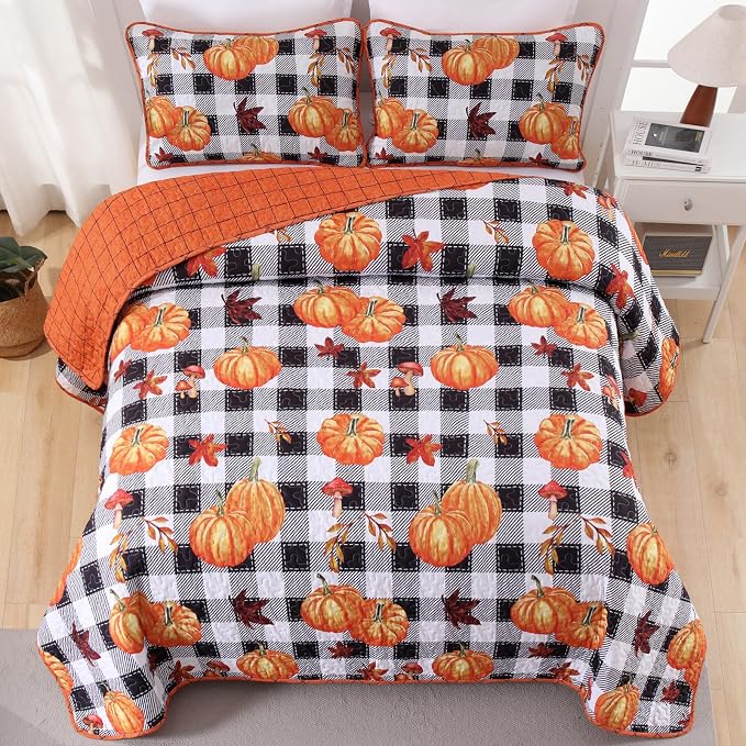 Anibedding Fall Patchwork Quilt Queen Size, Soft Pumpkins Maple Leaves Themed - Image 4