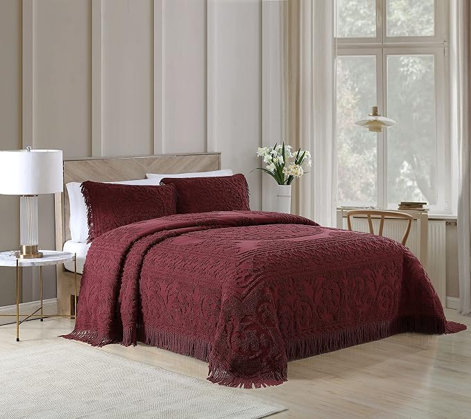 Beatrice Home Fashions Medallion King Cotton Chenille Sham, Burgundy | Vintage - Image 2