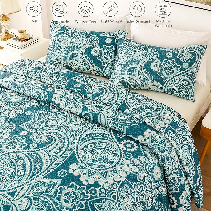 Whale Flotilla Patchwork Quilt King Size, Extra Soft Boho Paisley Bedspread | - Image 3
