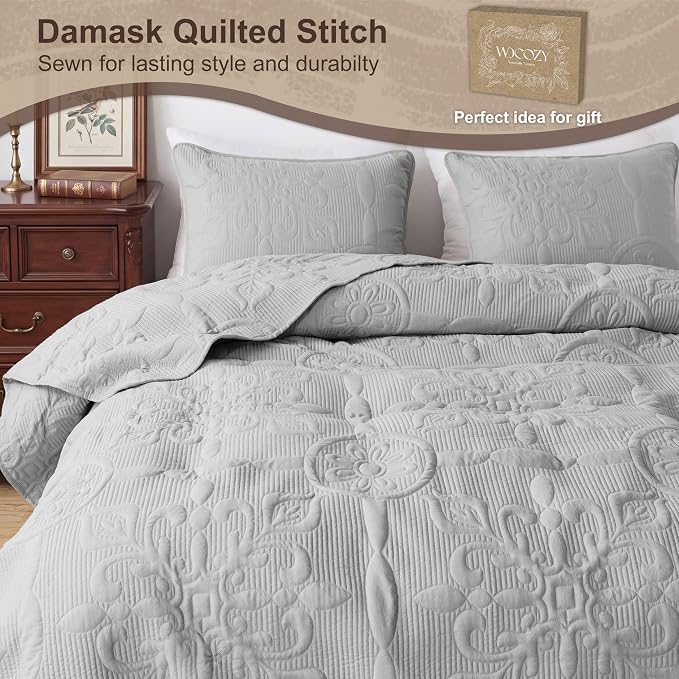 Light Grey Damask Quilt King Size Bedding Sets - Image 4