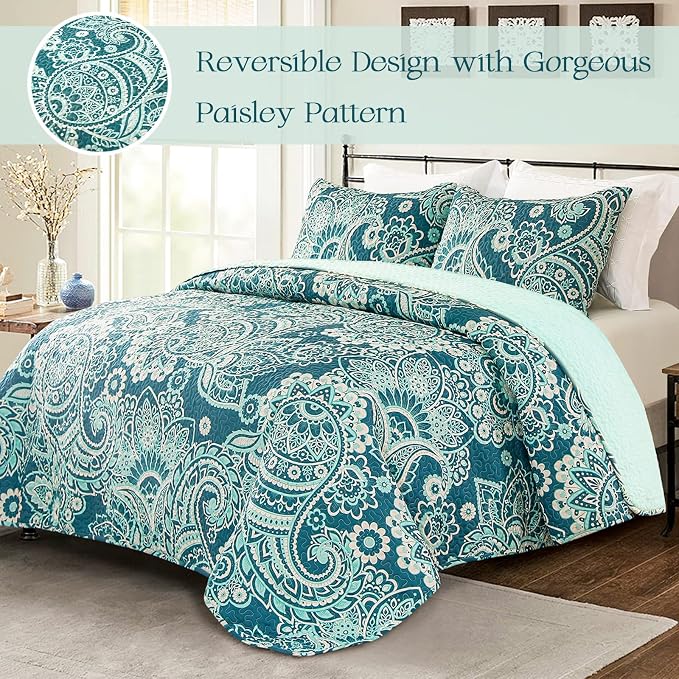 Whale Flotilla Patchwork Quilt King Size, Extra Soft Boho Paisley Bedspread | - Image 2
