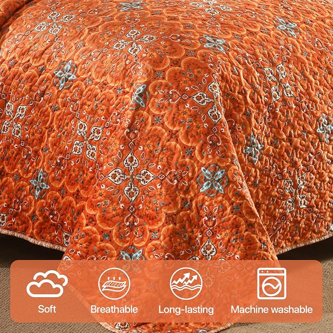 Boho Quilt King Set, 3-Piece Hand-Quilted Bedspread, Lightweight All Season - Image 4
